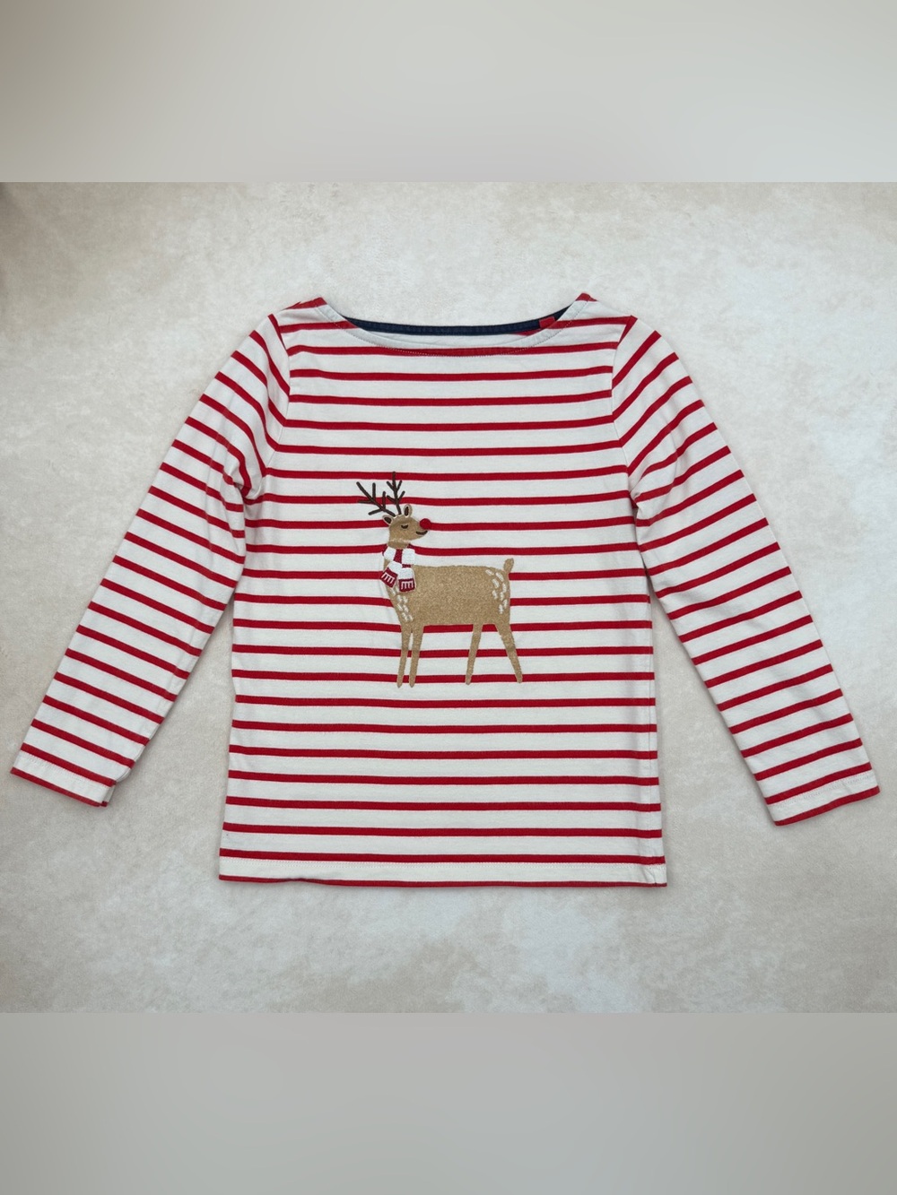 Mini Boden Red & White Striped Long-Sleeve Top with Reindeer